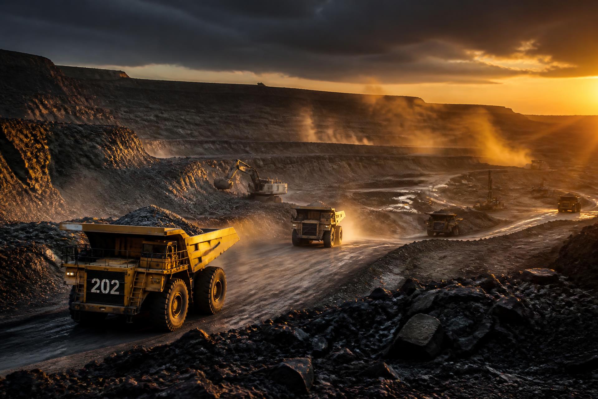 Opencast mining operation at sunset